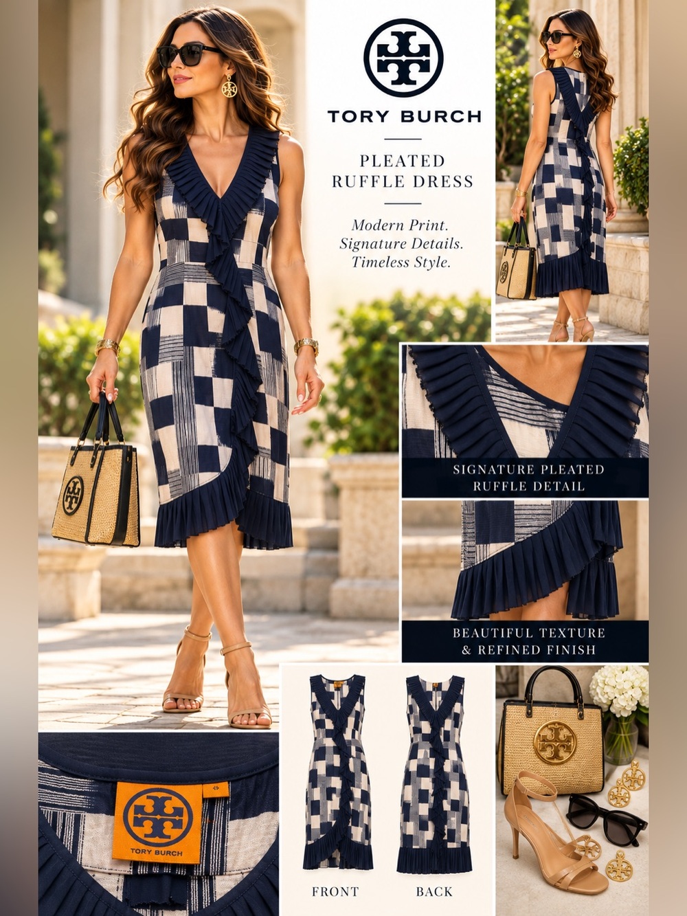3379 Tory Burch Navy & White Pleated Ruffle Dress